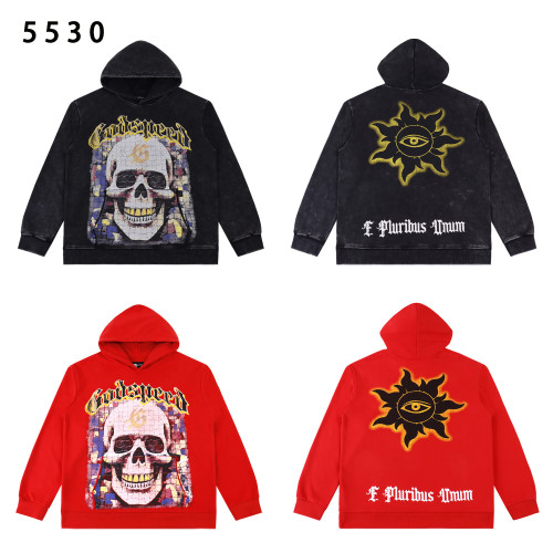 Bold hoodie with a mosaic skull and  Godspeed  front print. Back features an all-seeing sun design and  E Pluribus Unum.  Available in black and red with vintage wash finish. Perfect for edgy streetwear lovers.