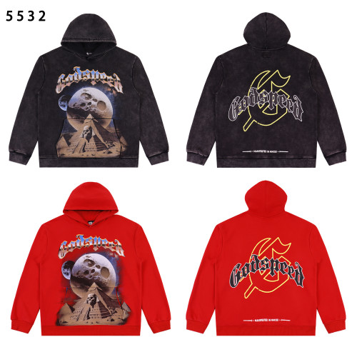 Bold hoodie featuring a cosmic pyramid and moon design with  Godspeed  print. Back showcases a hammer & sickle logo with  Manifested in MMXIII.  Available in black and red with vintage wash. Perfect for edgy streetwear lovers.