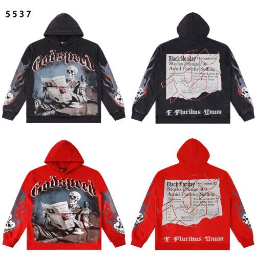 Edgy hoodie featuring a skeleton reading a newspaper with  Godspeed  print. Back showcases a  Black Monday  crash headline and  E Pluribus Unum.  Available in black and red with vintage wash. Perfect for bold streetwear style.