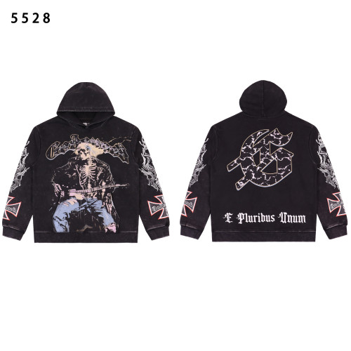 Edgy black hoodie featuring a skull guitarist print and flame sleeves. Back showcases bold  GS  logo with  E Pluribus Unum  text. Vintage wash finish for a worn-in look. Perfect for streetwear fans who love bold, rebellious style.