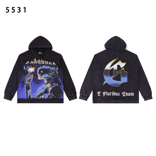 Futuristic hoodie featuring a cybernetic figure holding a spark, with  Godspeed  print. Back displays a gradient  G  logo and  E Pluribus Unum.  Available in black and red with vintage wash. Perfect for bold streetwear style.