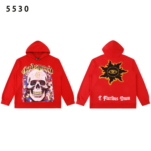 Bold hoodie with a mosaic skull and  Godspeed  front print. Back features an all-seeing sun design and  E Pluribus Unum.  Available in black and red with vintage wash finish. Perfect for edgy streetwear lovers.