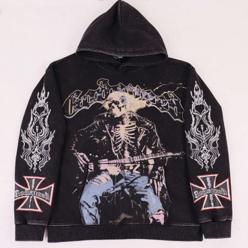 Edgy black hoodie featuring a skull guitarist print and flame sleeves. Back showcases bold  GS  logo with  E Pluribus Unum  text. Vintage wash finish for a worn-in look. Perfect for streetwear fans who love bold, rebellious style.