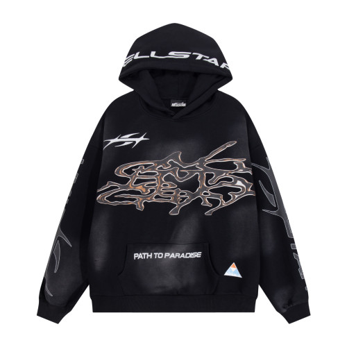 Hot and trendy Hellstar new design with distressed mercury print logo, washed black spray horse chestnut distressed hoodie, trendy hoodie, 360g pure cotton loop fabric