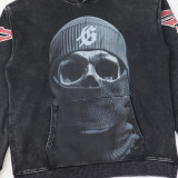 Edgy hoodie with a masked skull graphic and  Godspeed  sleeves. Back features  E Pluribus Unum  in bold lettering. Available in black and blue with vintage wash. Perfect for streetwear fans who love rebellious style.