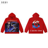 Futuristic hoodie featuring a cybernetic figure holding a spark, with  Godspeed  print. Back displays a gradient  G  logo and  E Pluribus Unum.  Available in black and red with vintage wash. Perfect for bold streetwear style.