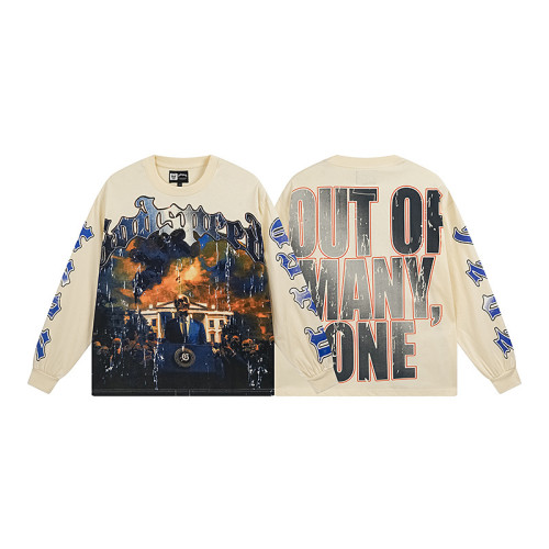 Godspeed presidential graphic long sleeve tee off white base bold Out of Many One slogan vintage streetwear style for edgy fashion lovers