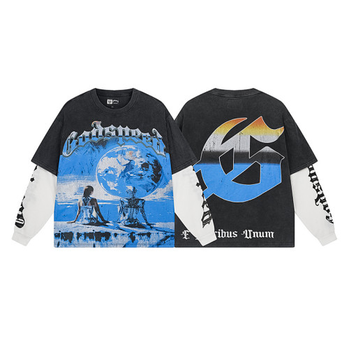 Layered long sleeve tee with bold Earth graphic and E Pluribus Unum slogan — vintage black design  streetwear style edgy fashion statement