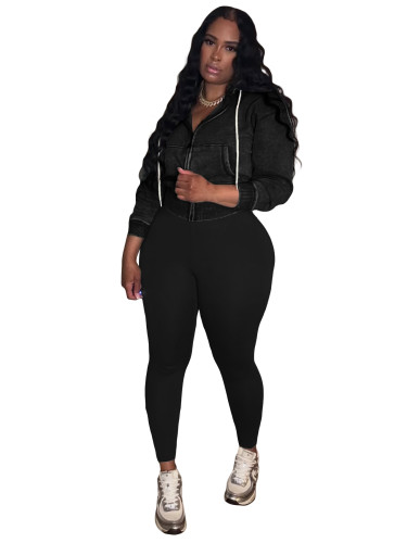 Fashion Women's Washed Zippered Hooded Fleece Sweater Yoga Pants Sporty Casual Two-Piece Set