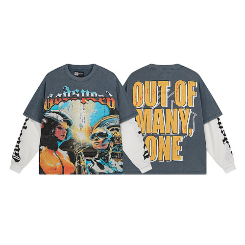 Bold graphic tee with futuristic art and  Out of Many One  slogan — layered long sleeves vintage wash streetwear style for edgy fashion