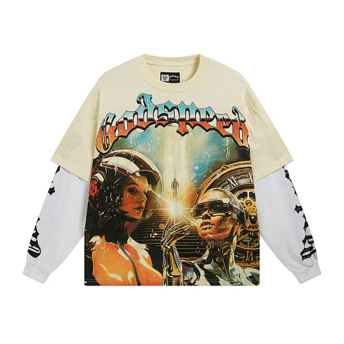 Godspeed futuristic graphic long sleeve tee off white base bold artwork and Out of Many One slogan streetwear style for urban fashion lovers