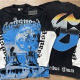 Layered long sleeve tee with bold Earth graphic and E Pluribus Unum slogan — vintage black design  streetwear style edgy fashion statement