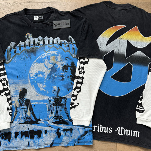 Layered long sleeve tee with bold Earth graphic and E Pluribus Unum slogan — vintage black design  streetwear style edgy fashion statement