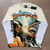 Godspeed futuristic graphic long sleeve tee off white base bold artwork and Out of Many One slogan streetwear style for urban fashion lovers