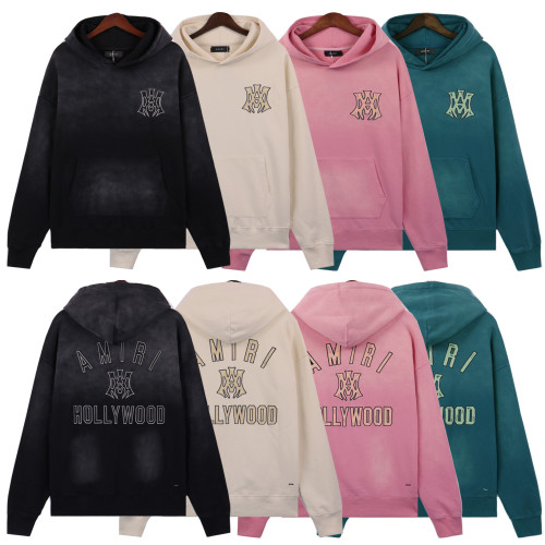 Amiri Hollywood hoodie in 4 colors — vintage wash bold logo premium cotton urban streetwear style with a luxury edge.