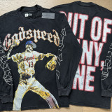 Bold baseball skeleton graphic tee — Out of Many One slogan vintage black design layered long sleeves streetwear style for edgy fashion