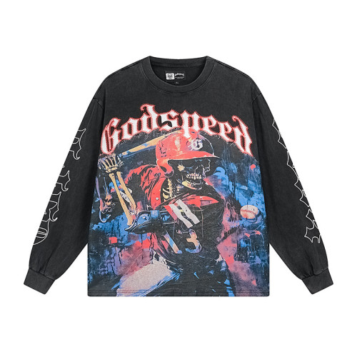 Godspeed baseball skull graphic long sleeve tee vintage black design bold logo and sleeves streetwear style for edgy fashion lovers