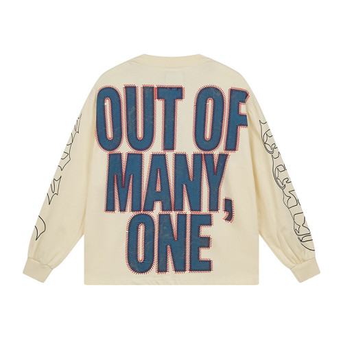  Godspeed baseball skeleton graphic long sleeve tee off white base bold Out of Many One slogan vintage streetwear style for urban fashion lovers