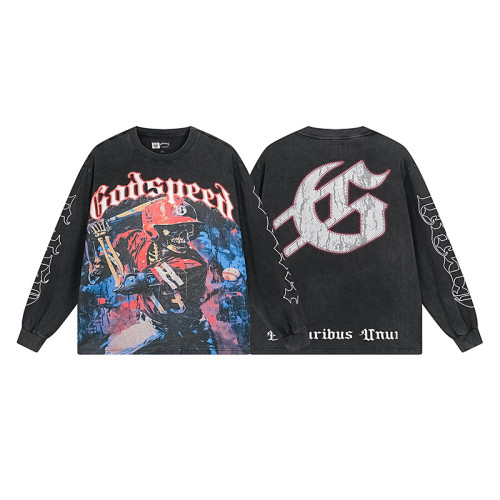 Godspeed baseball skull graphic long sleeve tee vintage black design bold logo and sleeves streetwear style for edgy fashion lovers