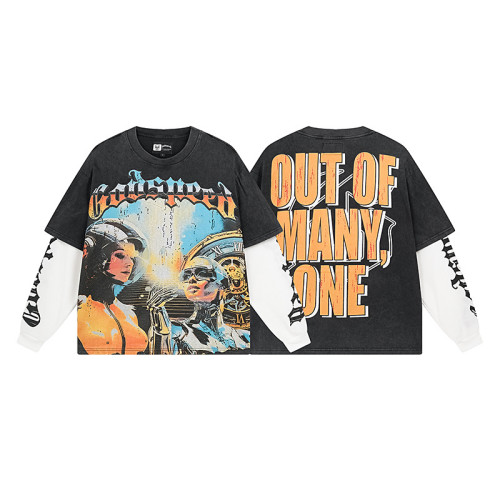 Bold graphic tee with futuristic art and  Out of Many One  slogan — layered long sleeves vintage wash streetwear style for edgy fashion