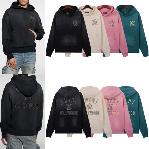 Amiri Hollywood hoodie in 4 colors — vintage wash bold logo premium cotton urban streetwear style with a luxury edge.