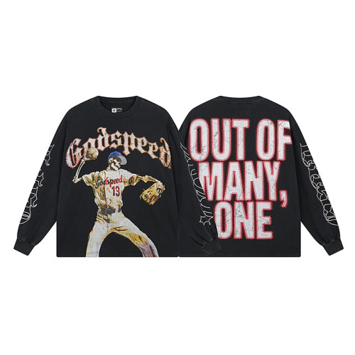 Bold baseball skeleton graphic tee — Out of Many One slogan vintage black design layered long sleeves streetwear style for edgy fashion