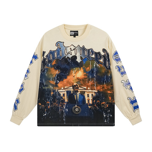 Godspeed presidential graphic long sleeve tee off white base bold Out of Many One slogan vintage streetwear style for edgy fashion lovers