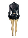 Leather Collar Two-Way Zipper Motorcycle Long Sleeve Top and Shorts Set