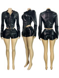 Leather Collar Two-Way Zipper Motorcycle Long Sleeve Top and Shorts Set