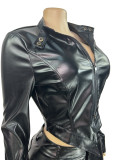 Leather Collar Two-Way Zipper Motorcycle Long Sleeve Top and Shorts Set