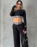 Autumn Long Sleeve Top High Waist Casual Straight Wide-leg Pants Set
