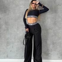 Autumn Long Sleeve Top High Waist Casual Straight Wide-leg Pants Set