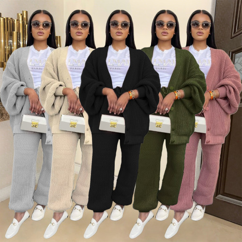 European and American casual loose V-neck cardigan sweater two-piece set