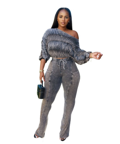 Pickled vintage sexy one neck loose casual suit long sleeved set