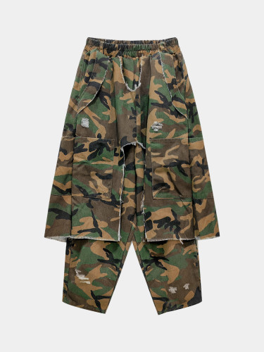 Trendy camouflage ripped harem pants for women, worn and loose, street style hanging crotch pants