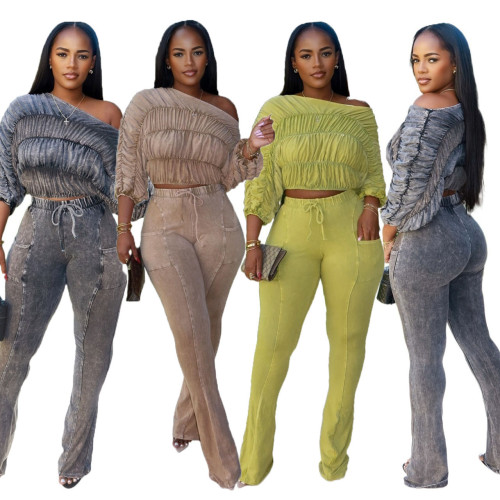 Pickled vintage sexy one neck loose casual suit long sleeved set