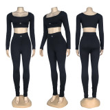 Autumn Embroidery Letter High Waist Solid Color Sports Yoga Set