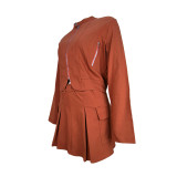 Casual long sleeved top slim fit pleated skirt elastic two-piece set