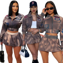 Fashionable and personalized street pattern printed long sleeved top, hip hugging short skirt pants cover