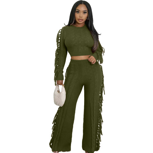 Casual Solid Color Knit Long Sleeve Tassel Set