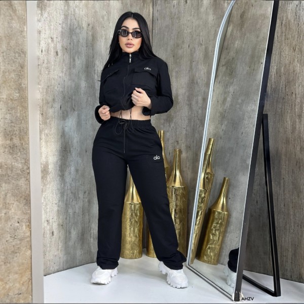 Casual Embroidered Letter Zipper Sweatshirt multi-pocket Wide-leg Pants Set