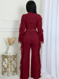 Casual Solid Color Knit Long Sleeve Tassel Set