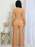 Casual Solid Color Knit Long Sleeve Tassel Set