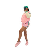 Sports and leisure color blocked long sleeved short knitted suit