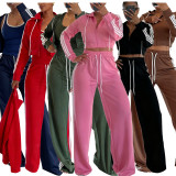Ribbed wide leg pants+slim fit jacket sports suit without vest