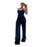 Ribbed wide leg pants+slim fit jacket sports suit without vest