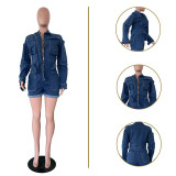 Casual washed denim long sleeved jumpsuit shorts