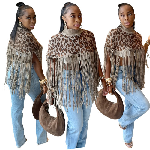 Casual leopard print fringe knit top