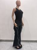 Tassel Trim Fitted Sexy Elastic Flare Denim Pants