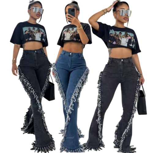 Tassel Trim Fitted Sexy Elastic Flare Denim Pants